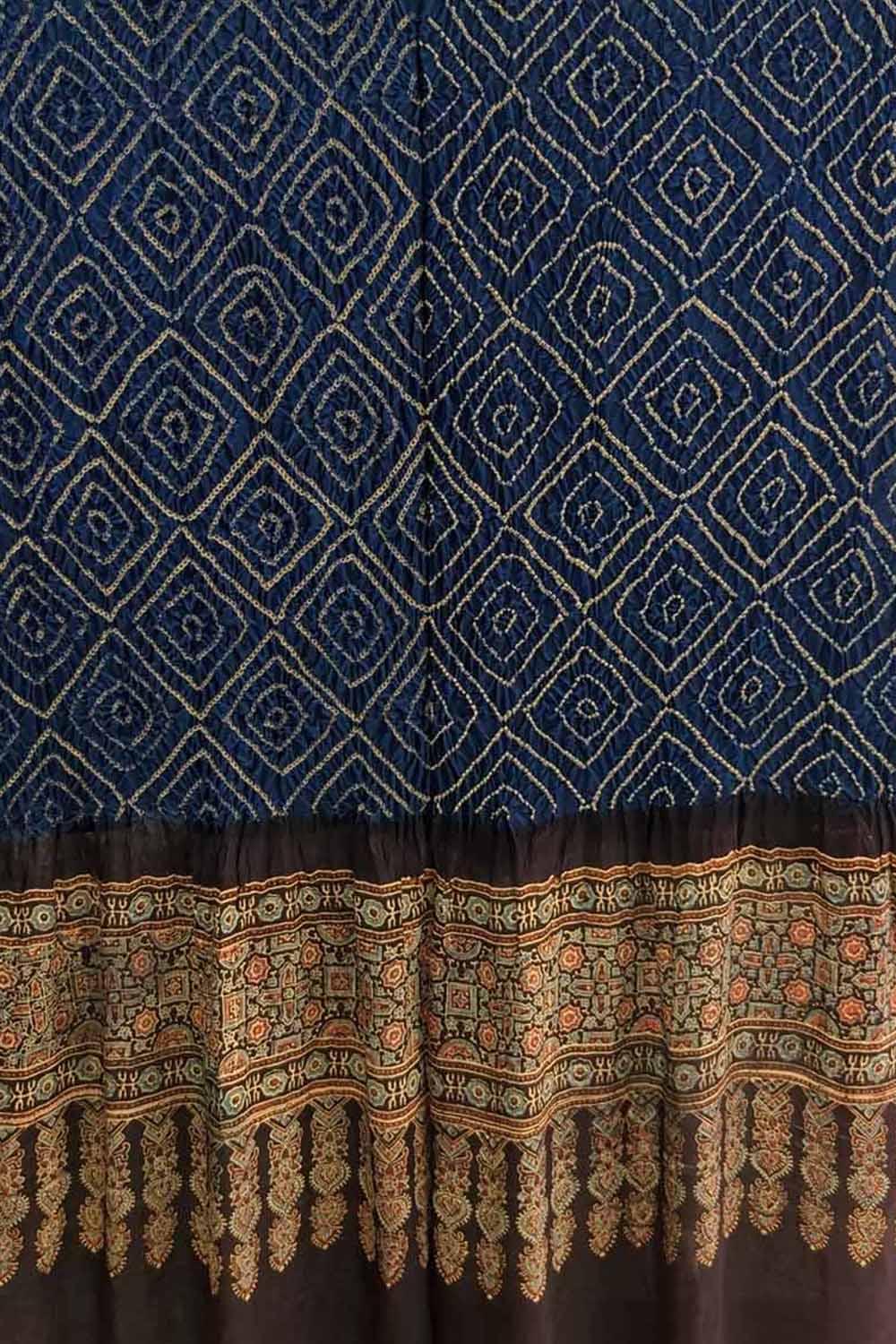 Blue Bandhani And Ajrakh Work Pure Gajji Silk Dupatta - Luxurion World