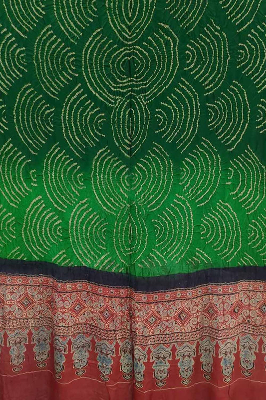 Green Bandhani And Ajrakh Work Pure Gajji Silk Dupatta - Luxurion World