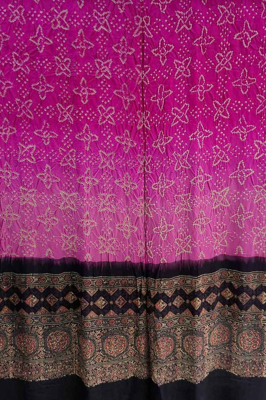 Pink Bandhani And Ajrakh Work Pure Gajji Silk Dupatta - Luxurion World