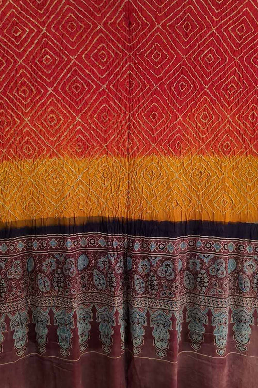 Red And Yellow Bandhani And Ajrakh Work Pure Gajji Silk Dupatta - Luxurion World