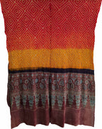 Red And Yellow Bandhani And Ajrakh Work Pure Gajji Silk Dupatta - Luxurion World