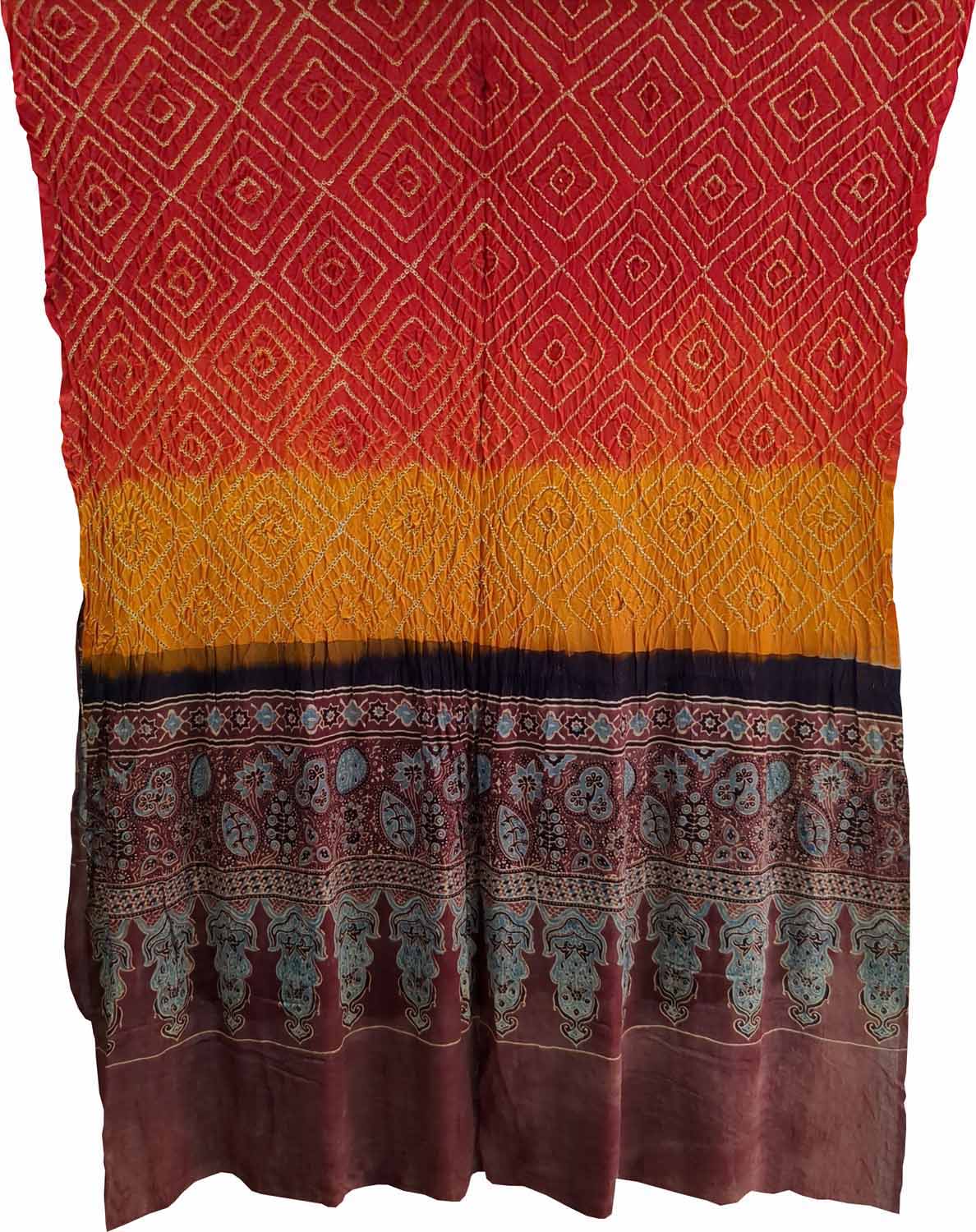 Red And Yellow Bandhani And Ajrakh Work Pure Gajji Silk Dupatta - Luxurion World