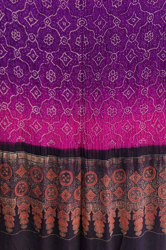 Purple And Pink Bandhani And Ajrakh Work Pure Gajji Silk Dupatta - Luxurion World