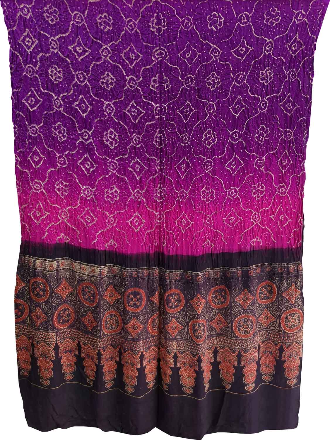 Purple And Pink Bandhani And Ajrakh Work Pure Gajji Silk Dupatta - Luxurion World