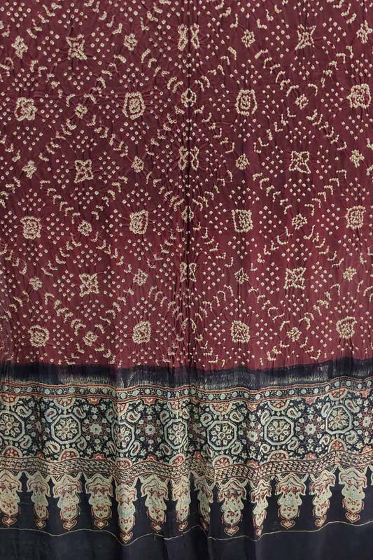 Maroon Bandhani And Ajrakh Work Pure Gajji Silk Dupatta - Luxurion World