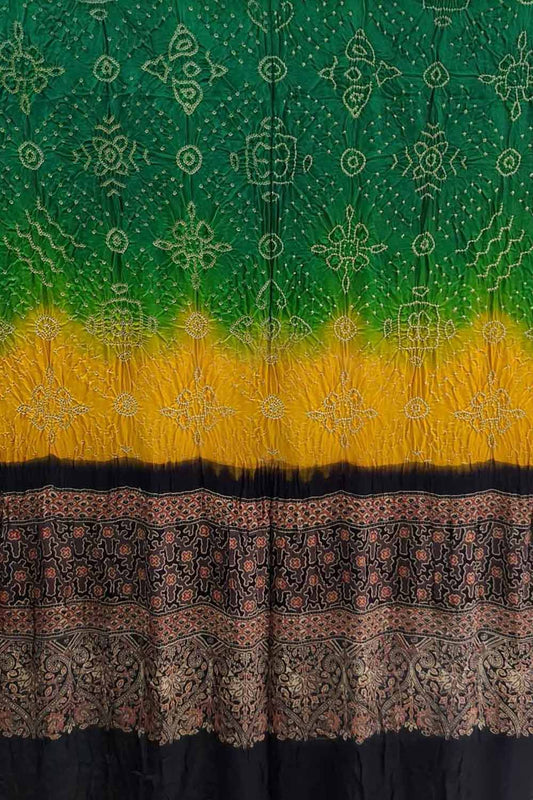 Green And Yellow Bandhani And Ajrakh Work Pure Gajji Silk Dupatta - Luxurion World