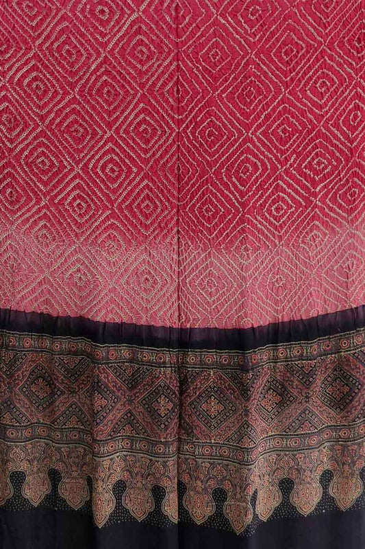 Red Bandhani And Ajrakh Work Pure Gajji Silk Dupatta - Luxurion World