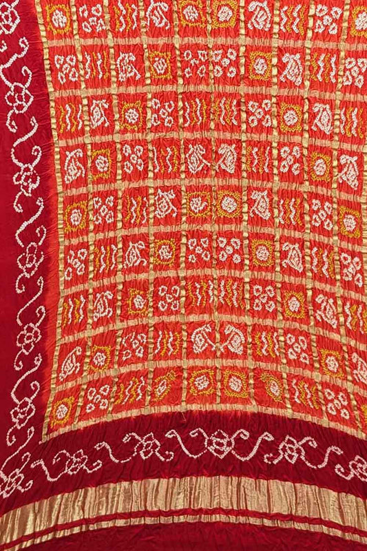 Red And Orange Bandhani Pure Gajji Silk Dupatta