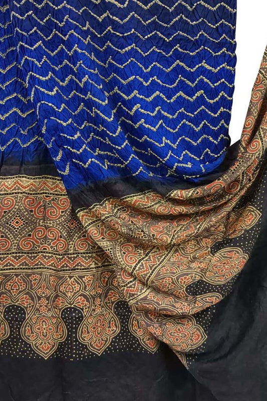 Blue Bandhani Ajrakh Pure Gajji Silk Dupatta