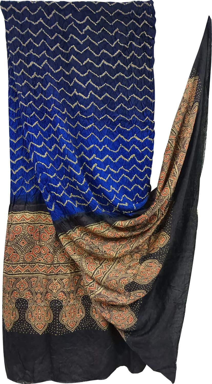 Blue Bandhani Ajrakh Pure Gajji Silk Dupatta - Luxurion World