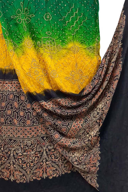 Green And Yellow Bandhani Ajrakh Pure Gajji Silk Dupatta - Luxurion World