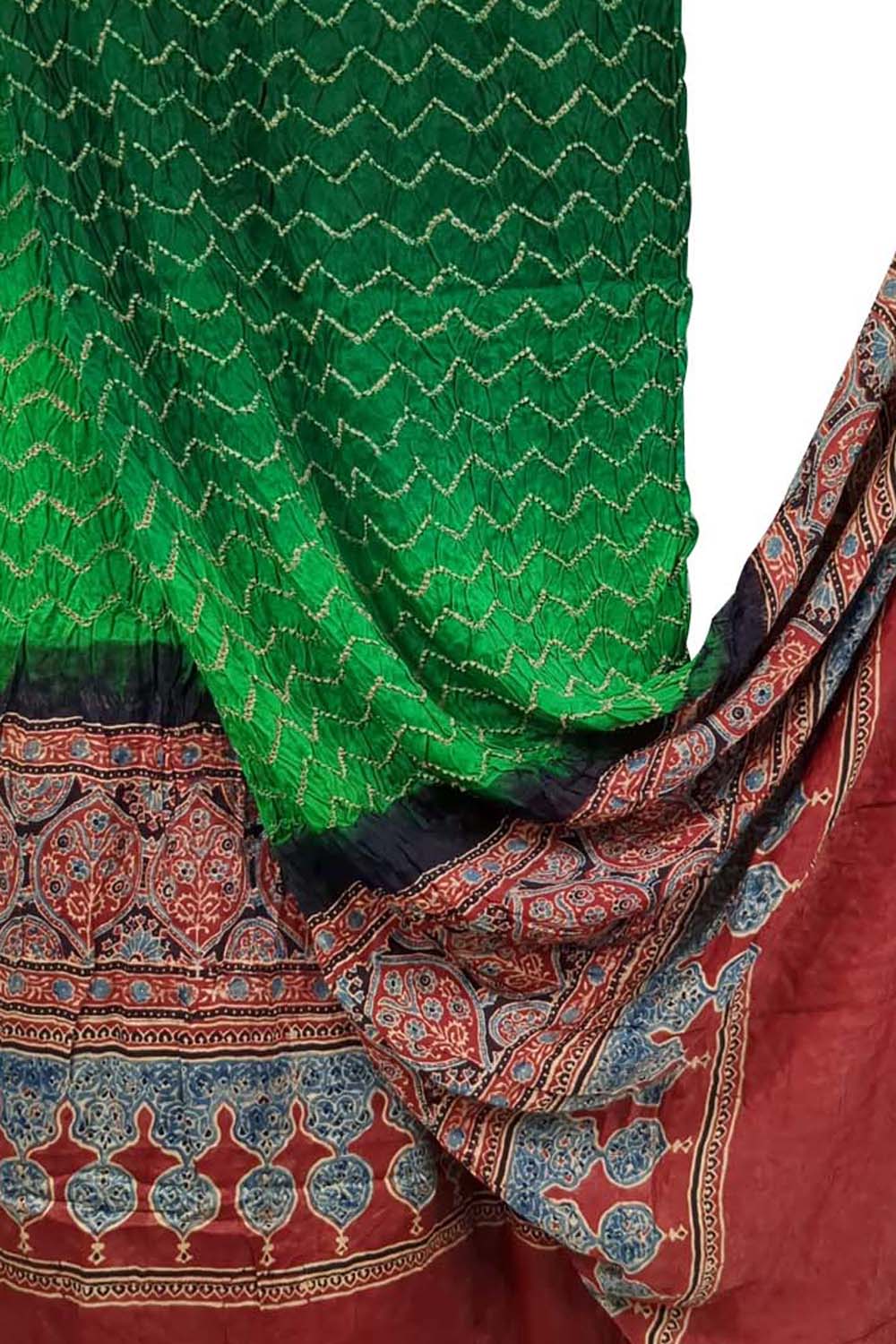 Green Bandhani Ajrakh Pure Gajji Silk Dupatta - Luxurion World