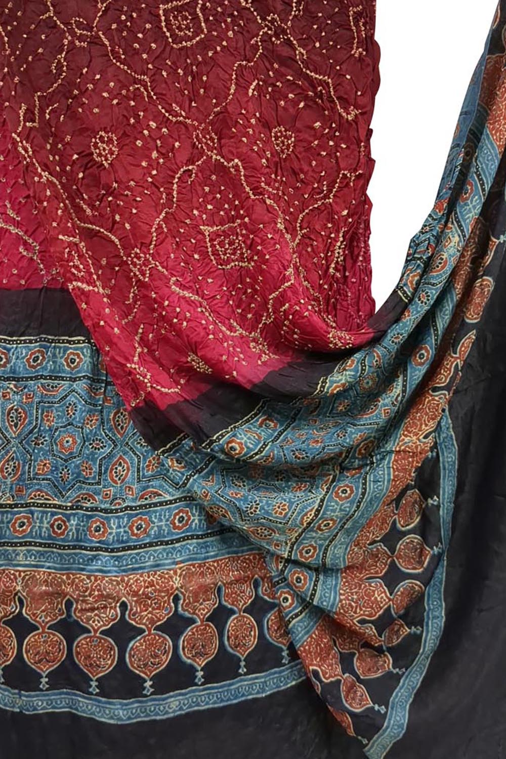 Maroon Bandhani Ajrakh Pure Gajji Silk Dupatta - Luxurion World