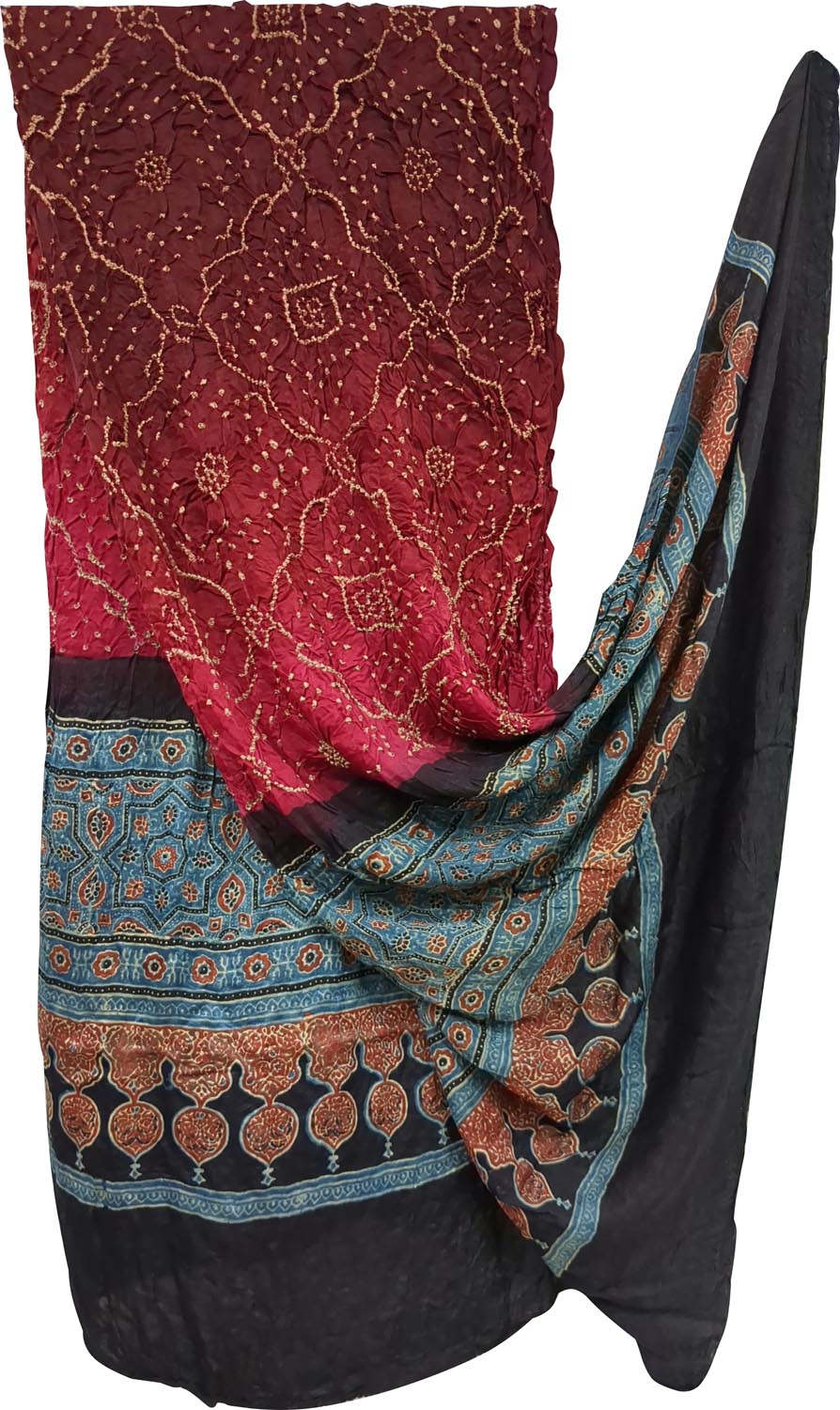 Maroon Bandhani Ajrakh Pure Gajji Silk Dupatta - Luxurion World