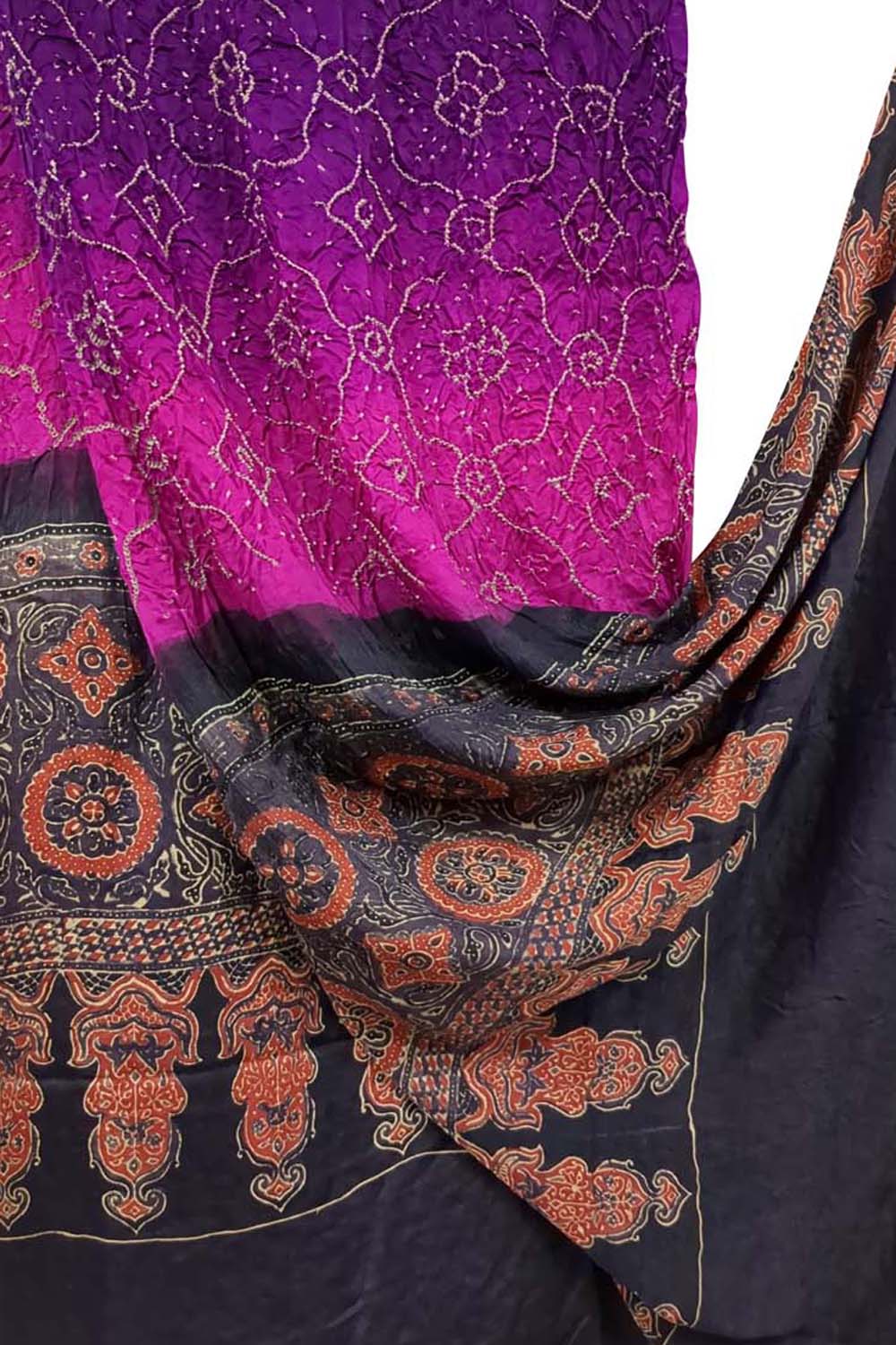 Purple Bandhani Ajrakh Pure Gajji Silk Dupatta - Luxurion World