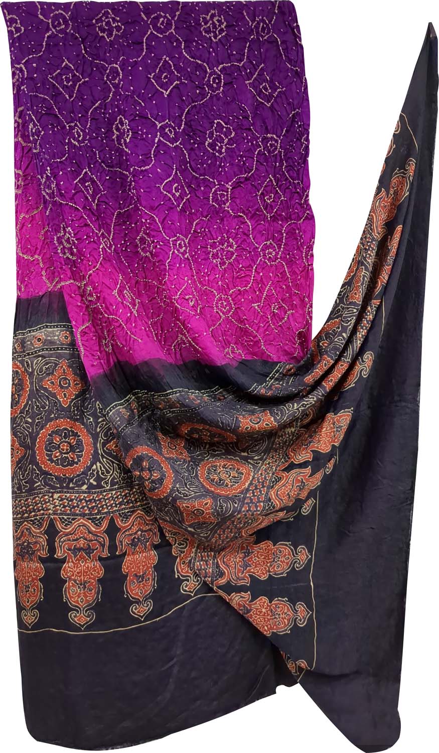 Purple Bandhani Ajrakh Pure Gajji Silk Dupatta - Luxurion World