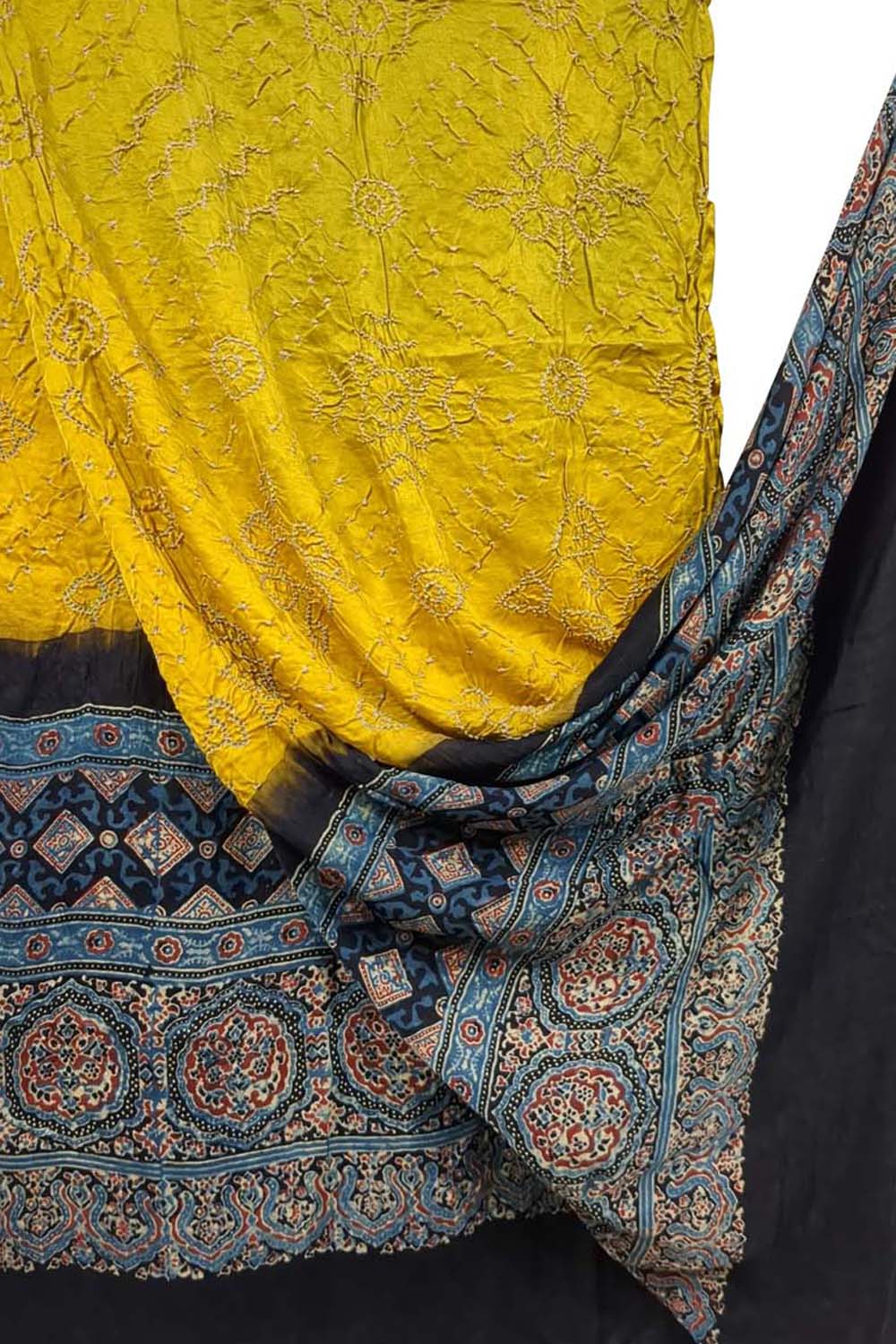 Yellow Bandhani Ajrakh Pure Gajji Silk Dupatta - Luxurion World