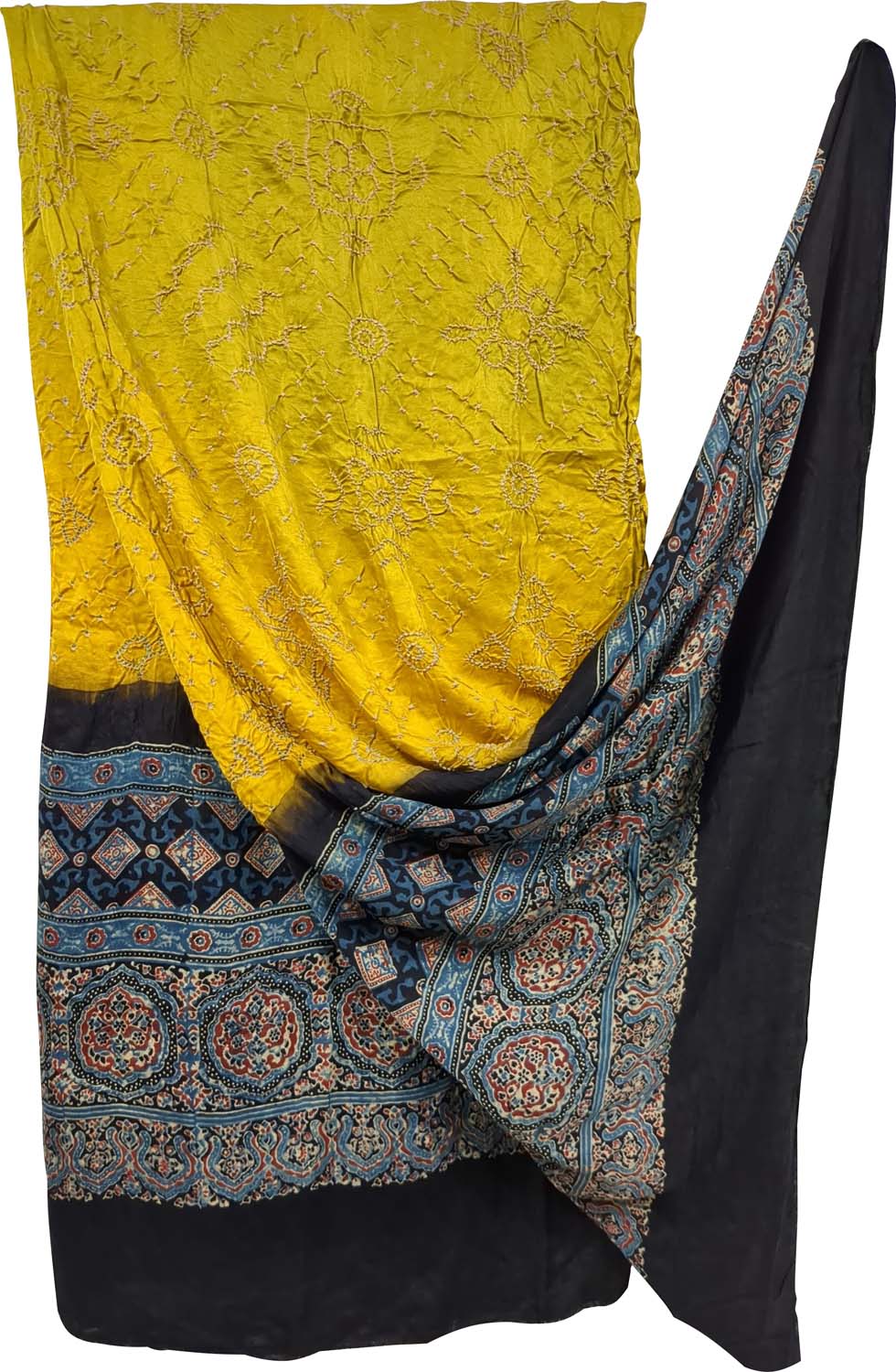 Yellow Bandhani Ajrakh Pure Gajji Silk Dupatta - Luxurion World