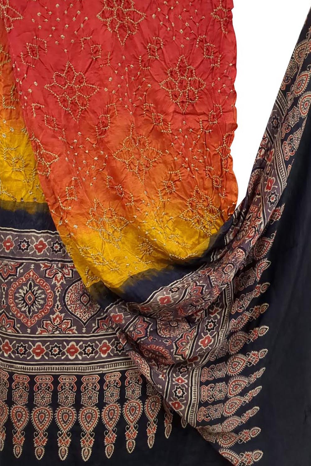 Red And Yellow Bandhani Ajrakh Pure Gajji Silk Dupatta - Luxurion World