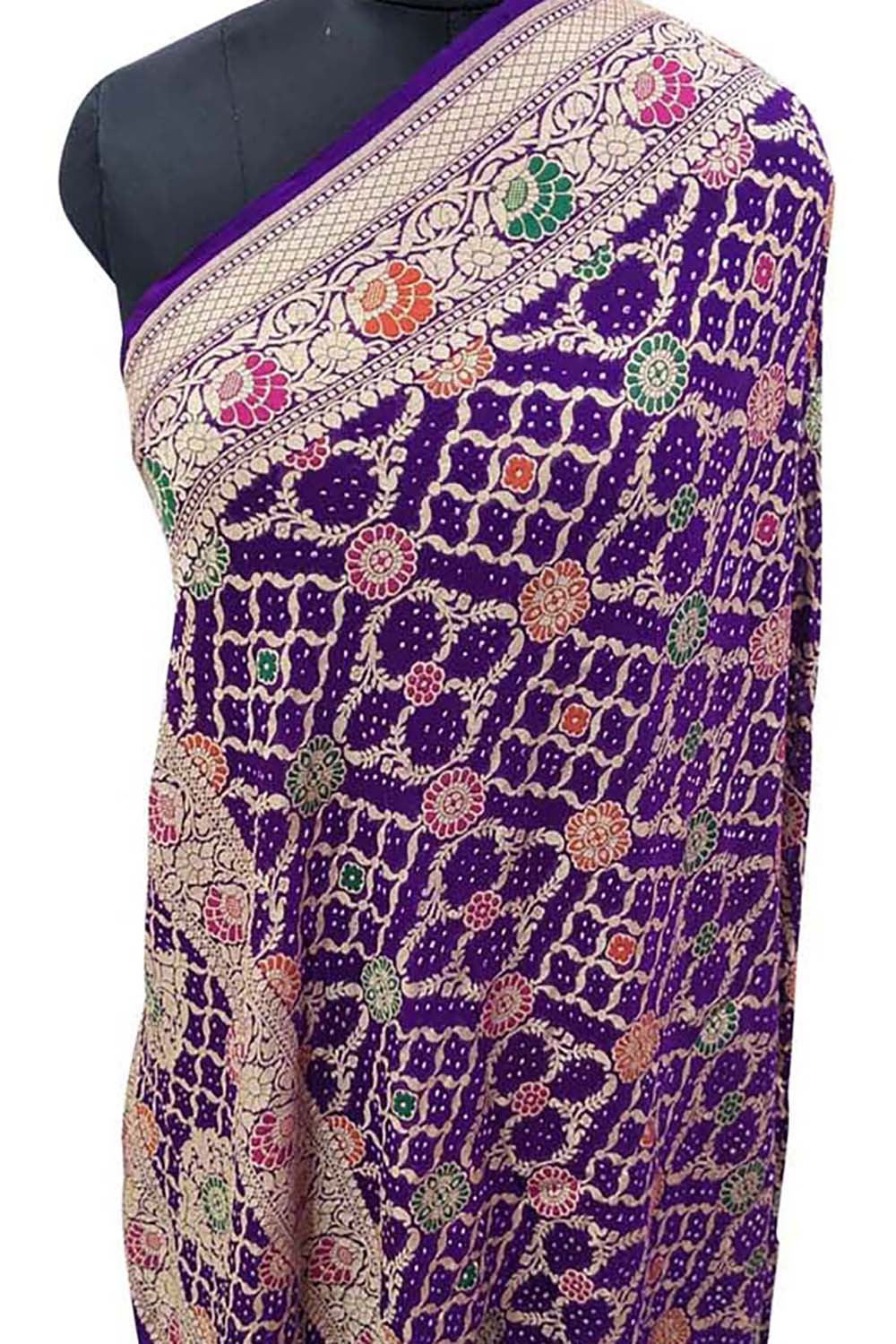 Purple Banarasi Bandhani Pure Georgette Meenakari Dupatta - Luxurion World