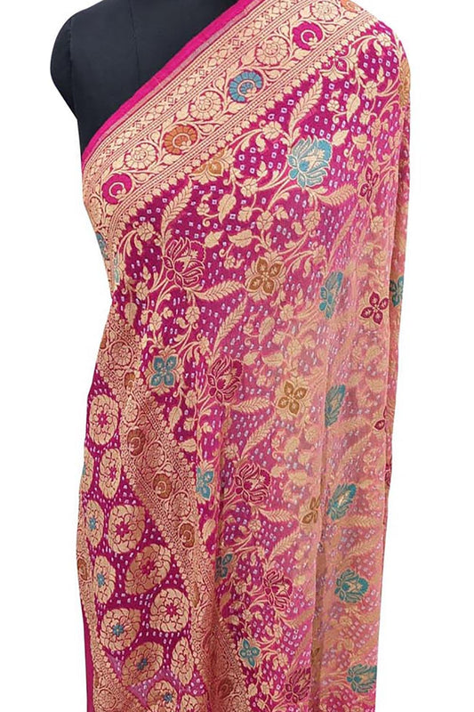 Pink Banarasi Bandhani Pure Georgette Meenakari Dupatta - Luxurion World