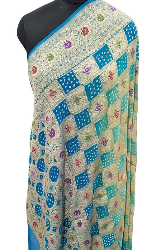 Blue Banarasi Bandhani Pure Georgette Meenakari Dupatta - Luxurion World