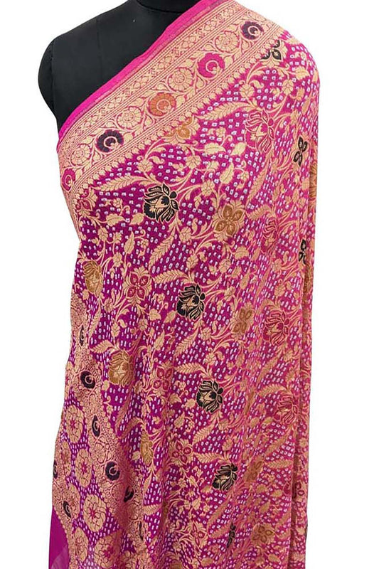 Pink Banarasi Bandhani Pure Georgette Meenakari Dupatta - Luxurion World