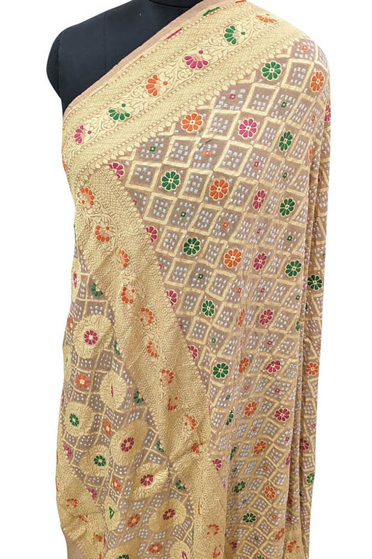 Pastel Banarasi Bandhani Pure Georgette Meenakari Dupatta - Luxurion World