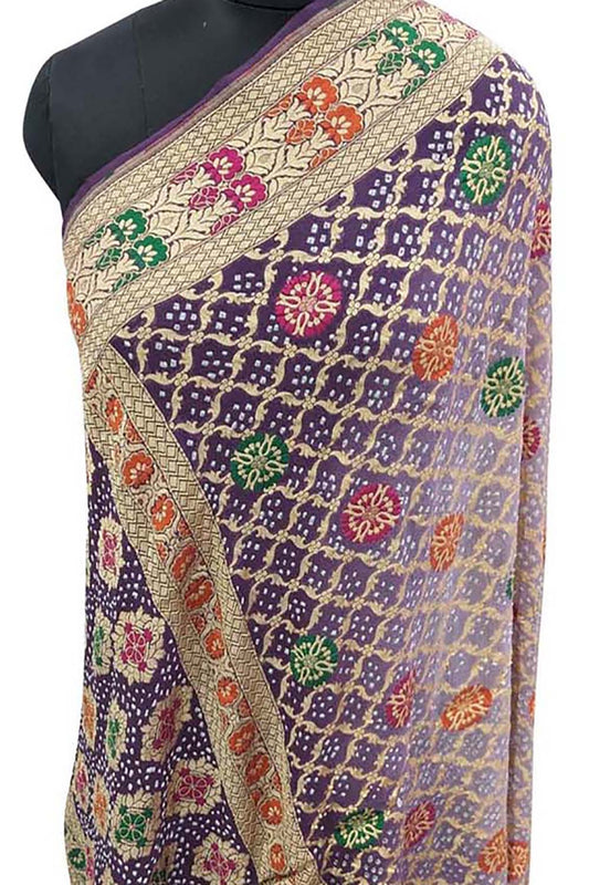 Purple Banarasi Bandhani Pure Georgette Meenakari Dupatta - Luxurion World
