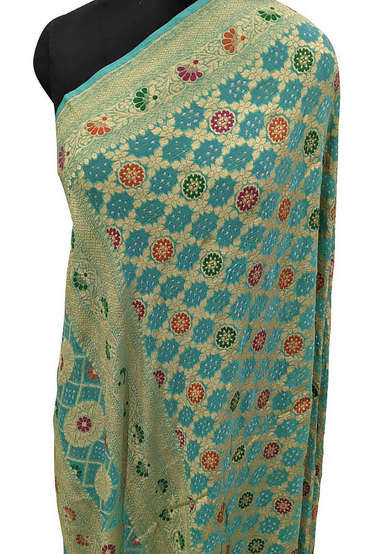 Blue Banarasi Bandhani Pure Georgette Meenakari Dupatta - Luxurion World