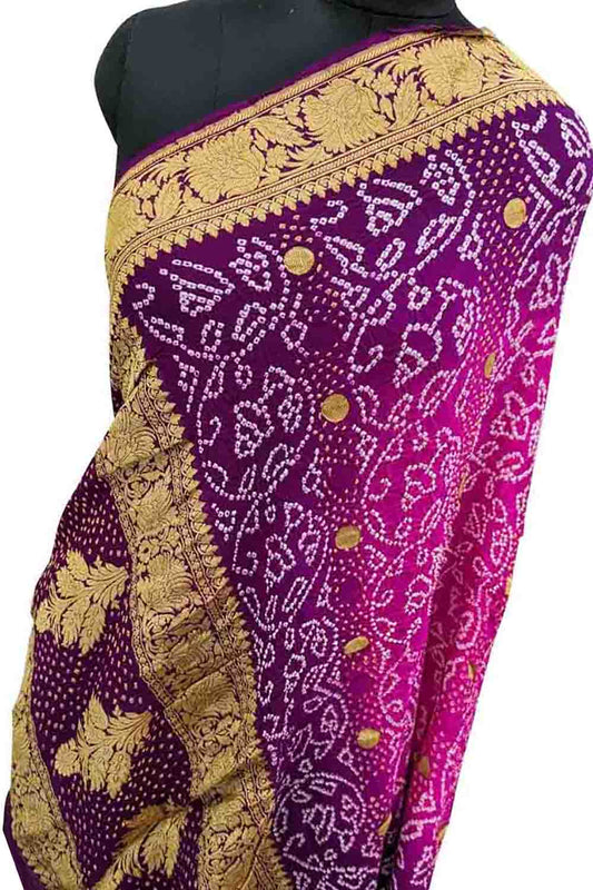 Pink And Purple Banarasi Bandhani Pure Georgette Dupatta - Luxurion World