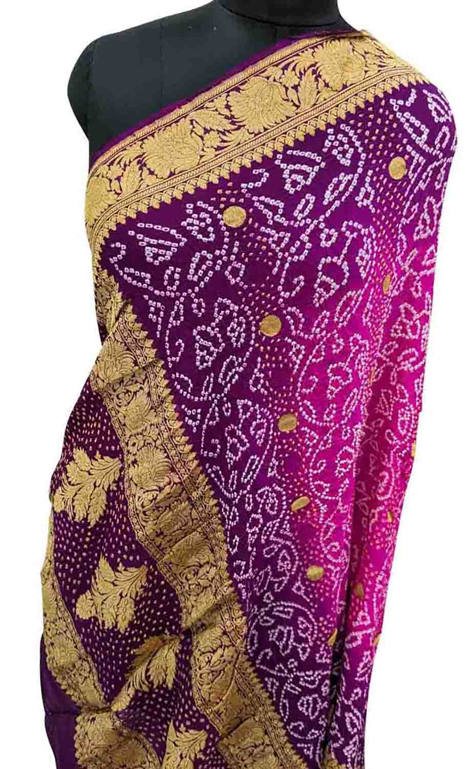 Pink And Purple Banarasi Bandhani Pure Georgette Dupatta - Luxurion World