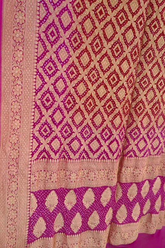 Red & Pink Bandhani Georgette Neemzari Dupatta - Luxurion World