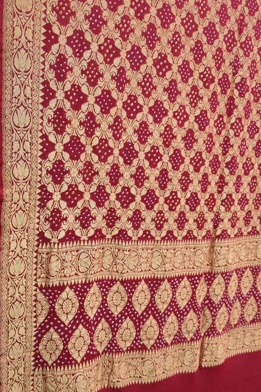 Red Bandhani Georgette Dupatta with Neemzari Embroidery - Luxurion World