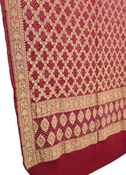 Red Bandhani Georgette Dupatta with Neemzari Embroidery - Luxurion World
