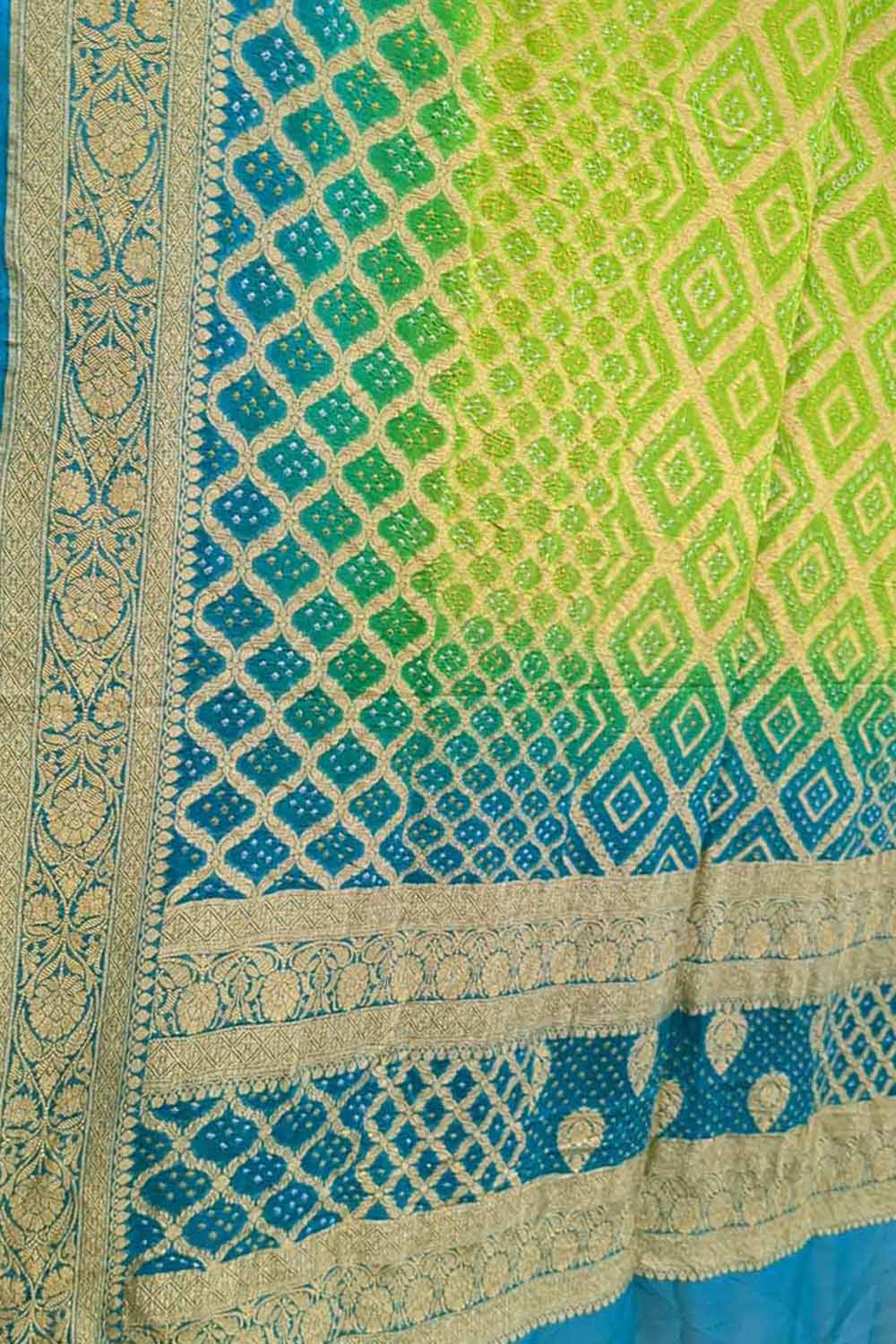 Green & Blue Bandhani Georgette Neemzari Dupatta - Luxurion World