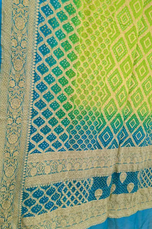 Green & Blue Bandhani Georgette Neemzari Dupatta - Luxurion World