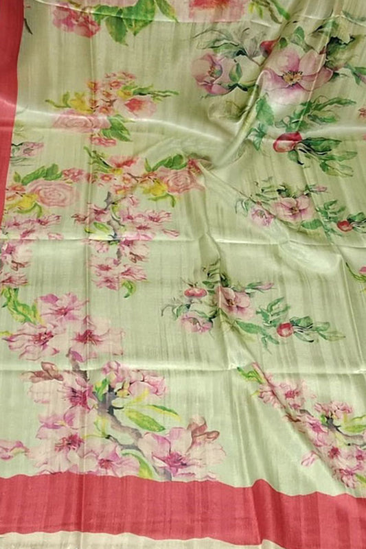 Stunning Green Pure Tussar Moonga Digital Printed Bhagalpur Dupatta - Luxurion World