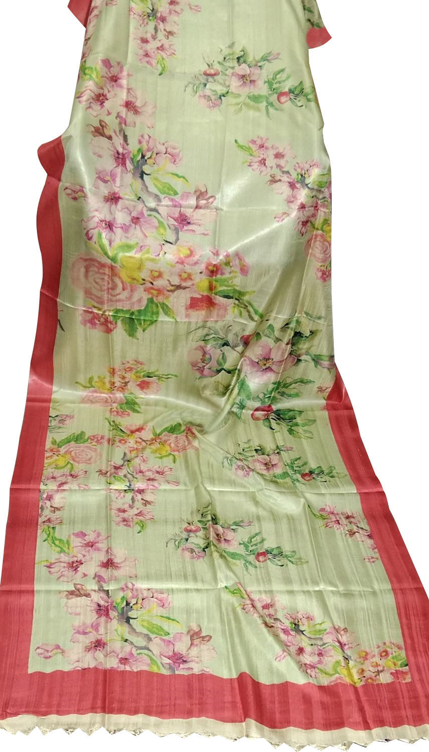Stunning Green Pure Tussar Moonga Digital Printed Bhagalpur Dupatta - Luxurion World