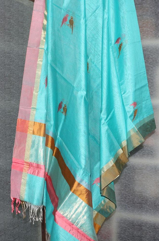 Blue Handloom Chanderi Cotton Silk Resham Zari Border Meenakari Dupatta