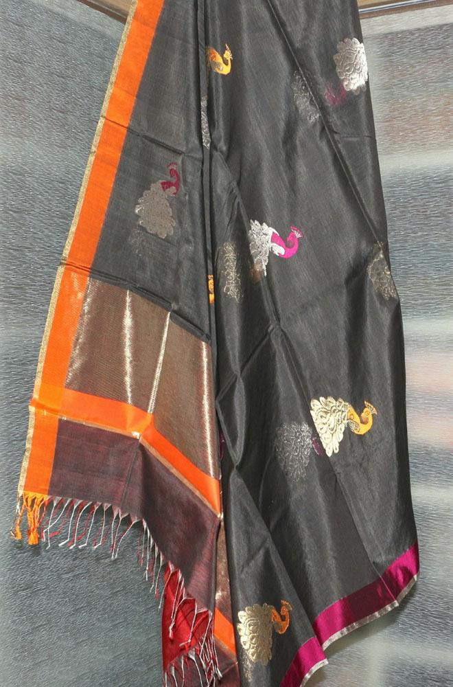 Grey Handloom Chanderi Cotton Silk Resham Zari Border Meenakari Dupatta - Luxurion World