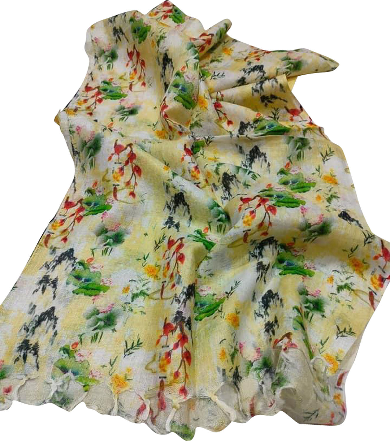 Sunshine Yellow Linen Dupatta with Digital Print - Luxurion World- Crafted Heirlooms