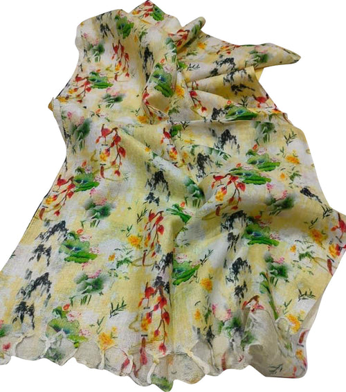 Sunshine Yellow Linen Dupatta with Digital Print - Luxurion World- Crafted Heirlooms