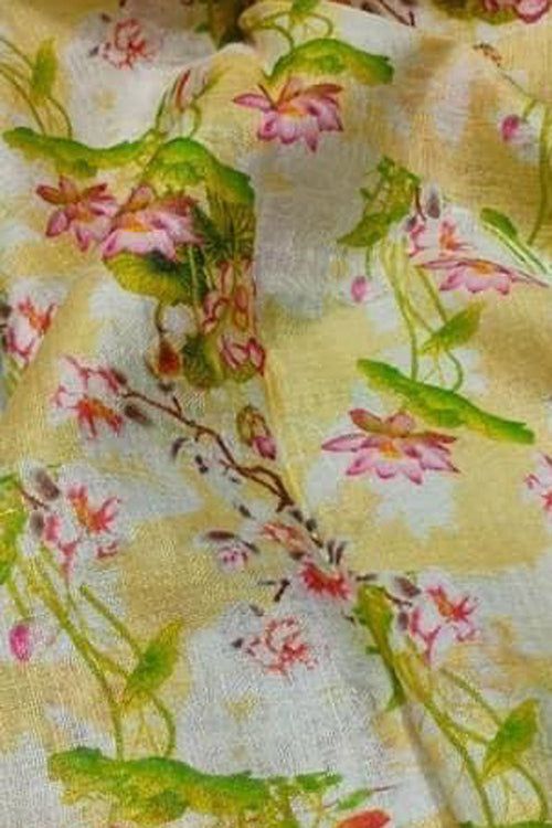 Sunshine Yellow Linen Dupatta with Digital Print - Luxurion World- Crafted Heirlooms