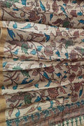 Floral Design Cream Kalamkari Hand Painted Pure Tussar Silk Dupatta - Luxurion World