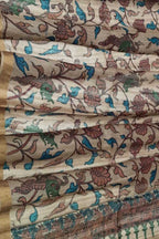 Floral Design Cream Kalamkari Hand Painted Pure Tussar Silk Dupatta - Luxurion World
