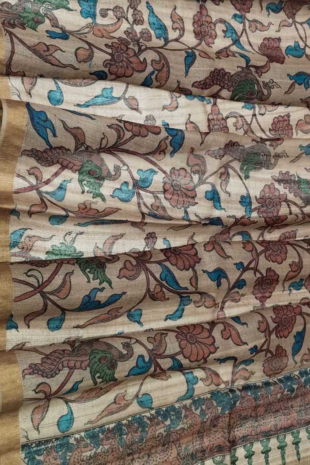 Floral Design Cream Kalamkari Hand Painted Pure Tussar Silk Dupatta - Luxurion World