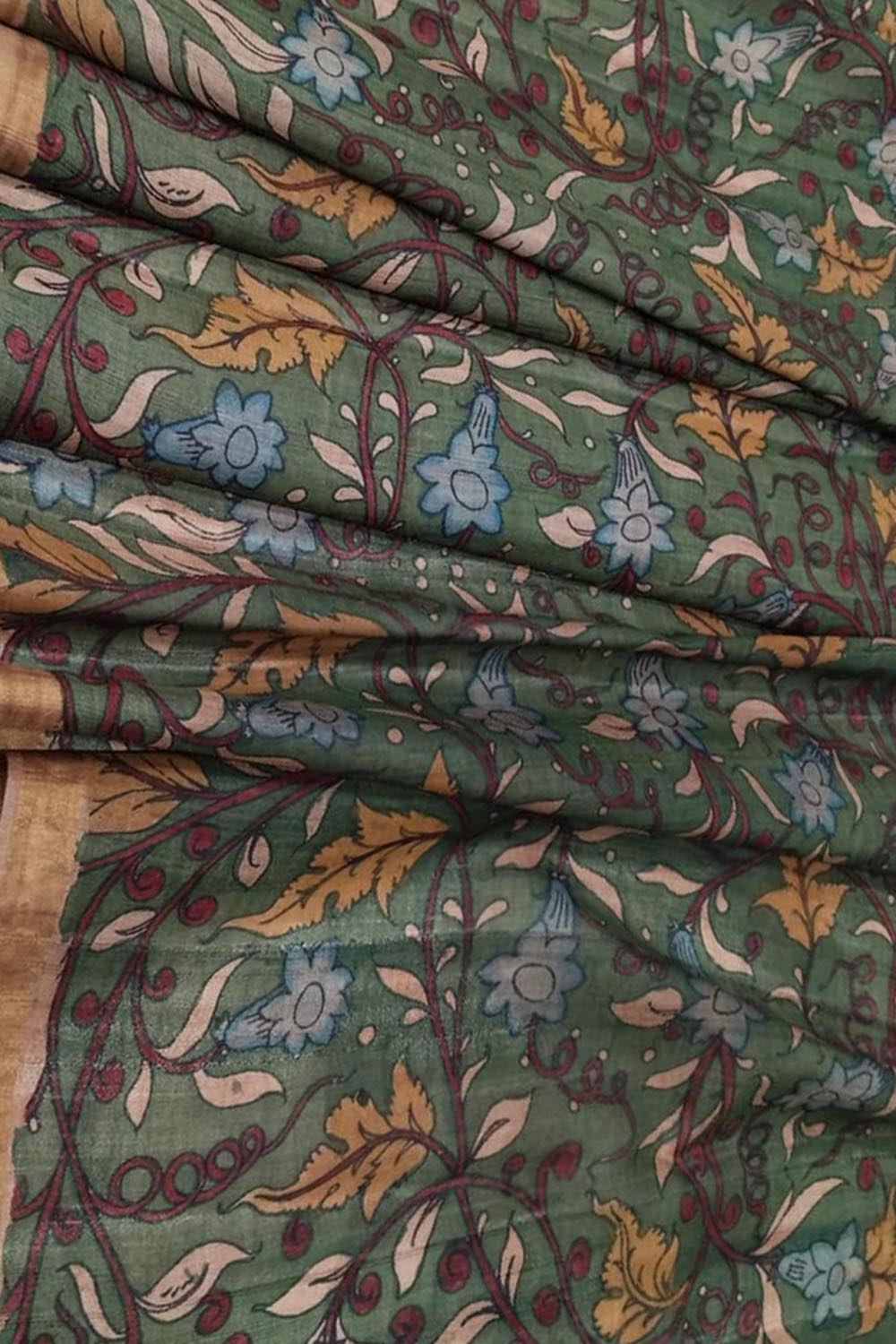 Green Kalamkari Hand Painted Pure Tussar Silk Artistic Design Dupatta - Luxurion World