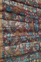 Fishes Designs on Maroon Kalamkari Hand Painted Pure Tussar Silk Dupatta - Luxurion World