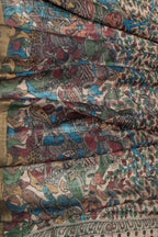 Beige Kalamkari Hand Painted Pure Tussar Silk with Dancing Ladies Dupatta - Luxurion World